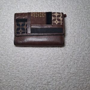 Vintage Fossil Leather Women's Brown Wallet  Patchwork 90s Boho Hippie Floral